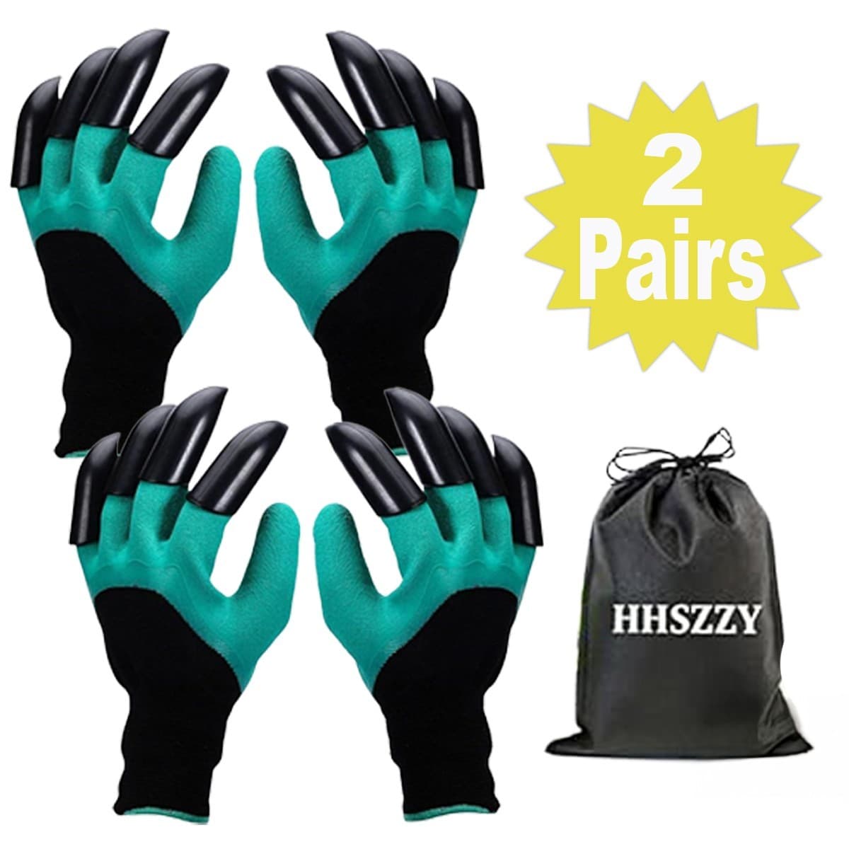 Garden Gloves w/ Claws & Storage Bag – Green – Waterproof, Dig Fast – 2 Pairs