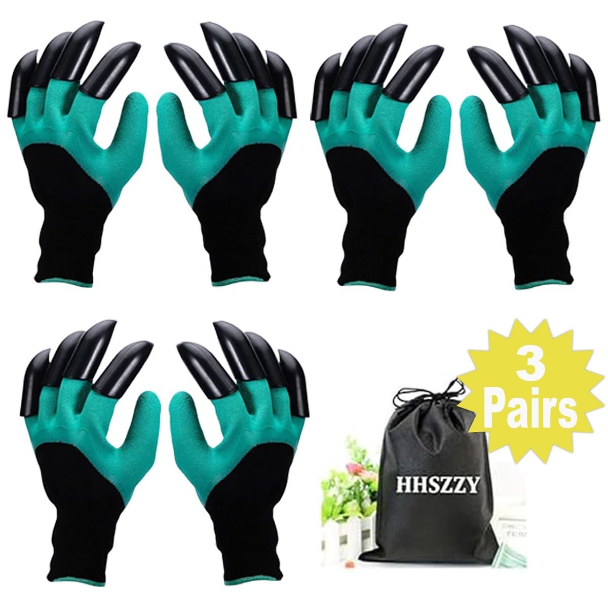 Garden Gloves w/ Claws & Storage Bag – Green – Waterproof, Dig Fast – 3 Pairs