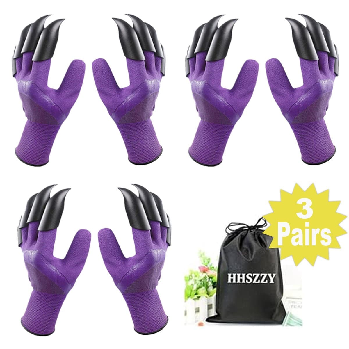 Garden Gloves w/ Claws & Storage Bag – Purple – Waterproof, Dig Fast – 3 Pairs