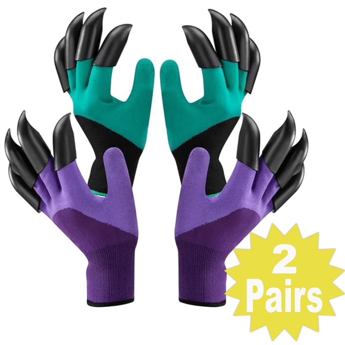 Garden Gloves w/ Claws & Storage Bag – Grn+Purp– Waterproof, Dig Fast – 2 Pairs