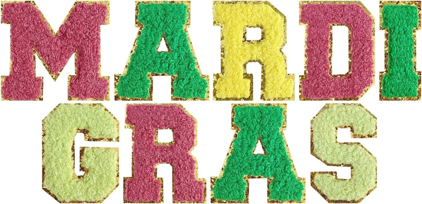 Mardi Gras Iron-On Letter Patches Alphabet Applique DIY Clothing – NEW