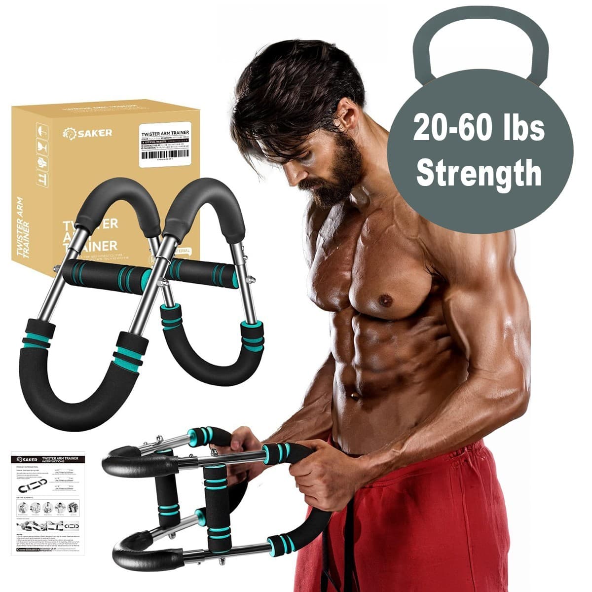 Saker Twister Arm Trainer – Adjustable Chest & Arm Workout – 20-60LB – Portable