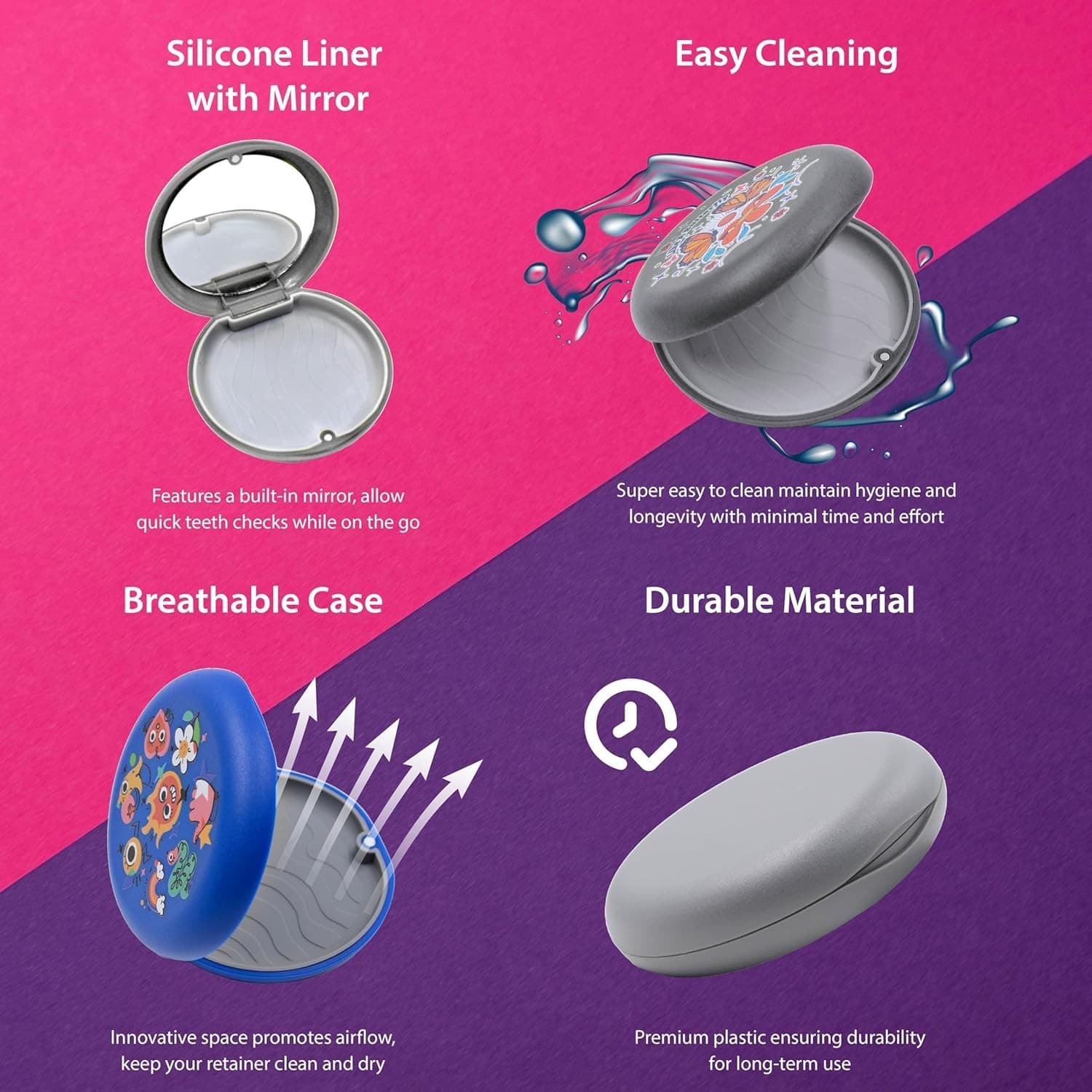 Retainer Case w/ Mirror – White – Butterfly Design – Magnetic Closure – Compact - Thumbnail 6