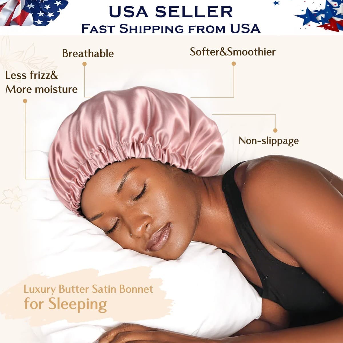 Satin Sleep Bonnet | Adjustable Hair Cap | Anti-Frizz | Blush Pink | 3 Pack - Thumbnail 3