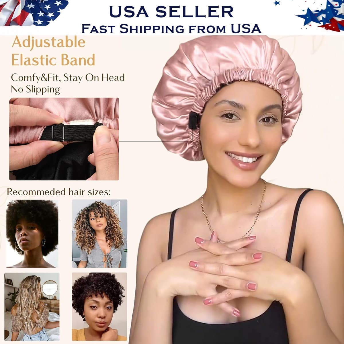 Satin Sleep Bonnet | Adjustable Hair Cap | Anti-Frizz | Blush Pink | 2 Pack - Thumbnail 4