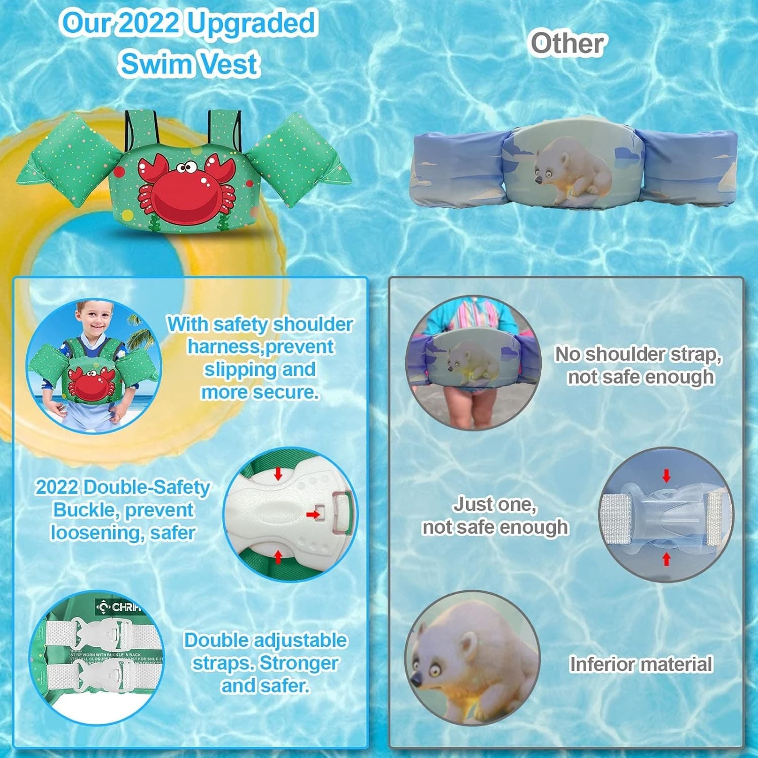 Kids Swim Vest Life Jacket 40–65 lbs | Arm Wings Safety Floaties Harness - Thumbnail 7