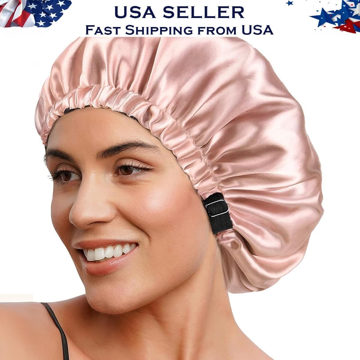 Satin Sleep Bonnet | Adjustable Hair Cap | Anti-Frizz | Blush Pink | 2 Pack - Thumbnail 5