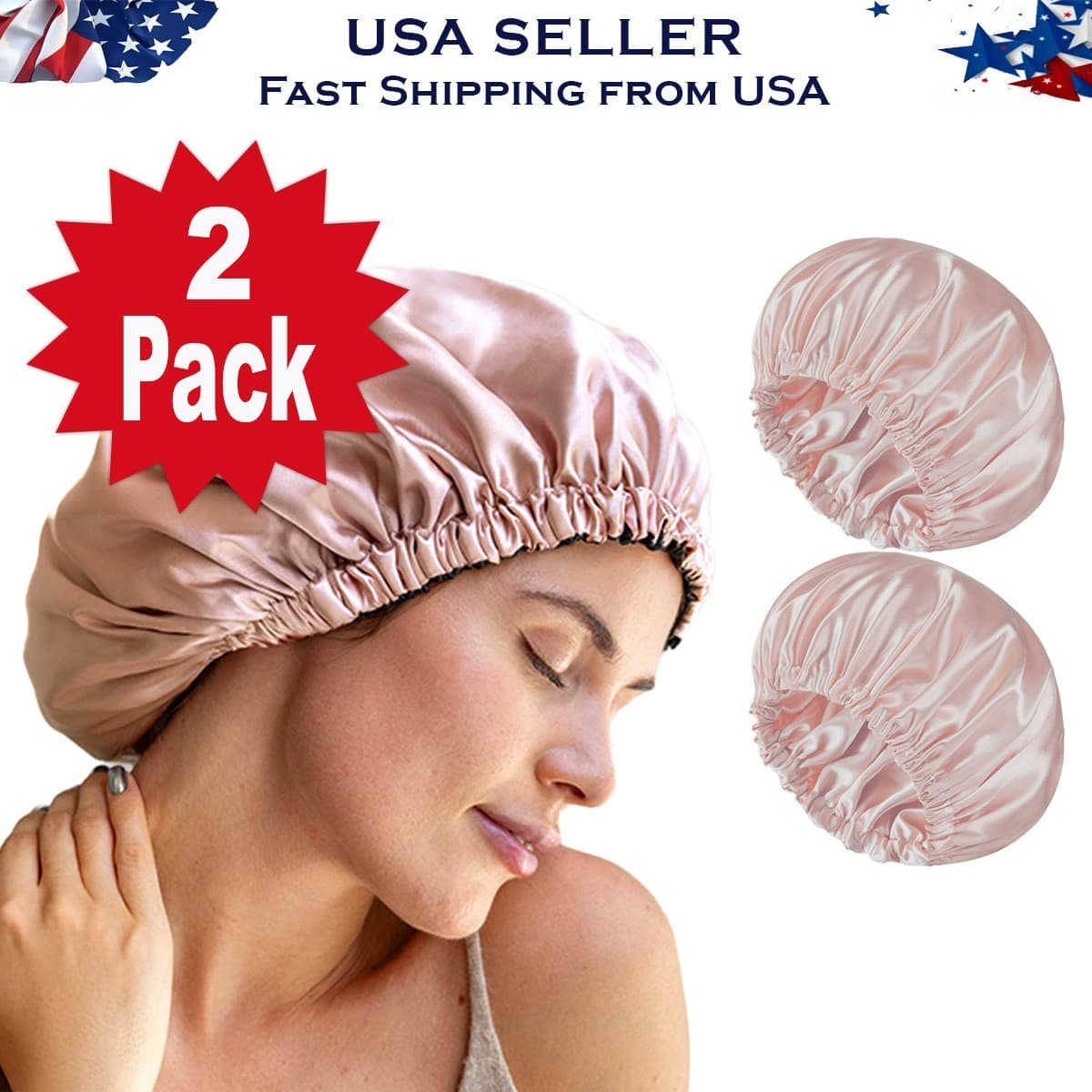 Satin Sleep Bonnet | Adjustable Hair Cap | Anti-Frizz | Blush Pink | 2 Pack