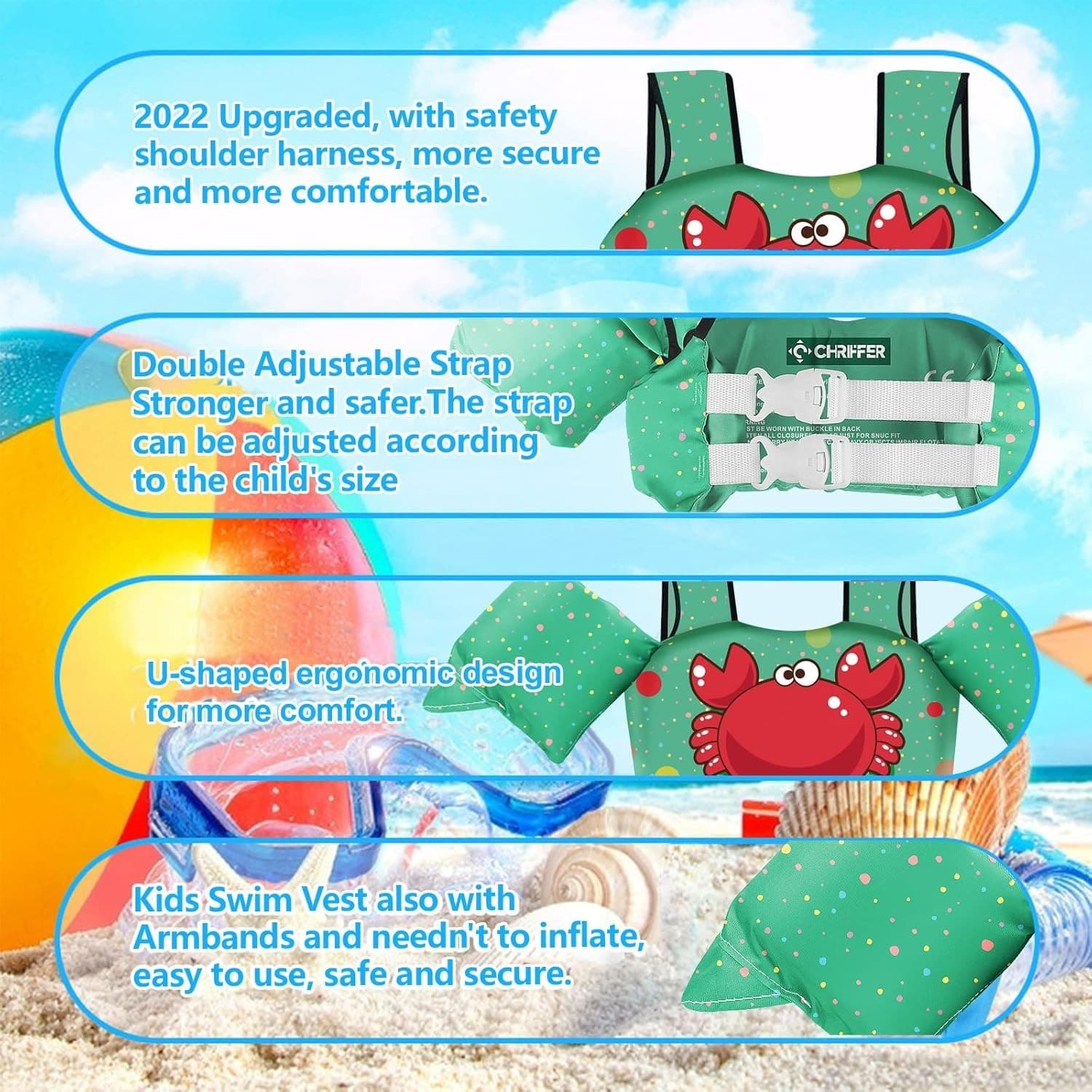 Kids Swim Vest Life Jacket 40–65 lbs | Arm Wings Safety Floaties Harness - Thumbnail 4