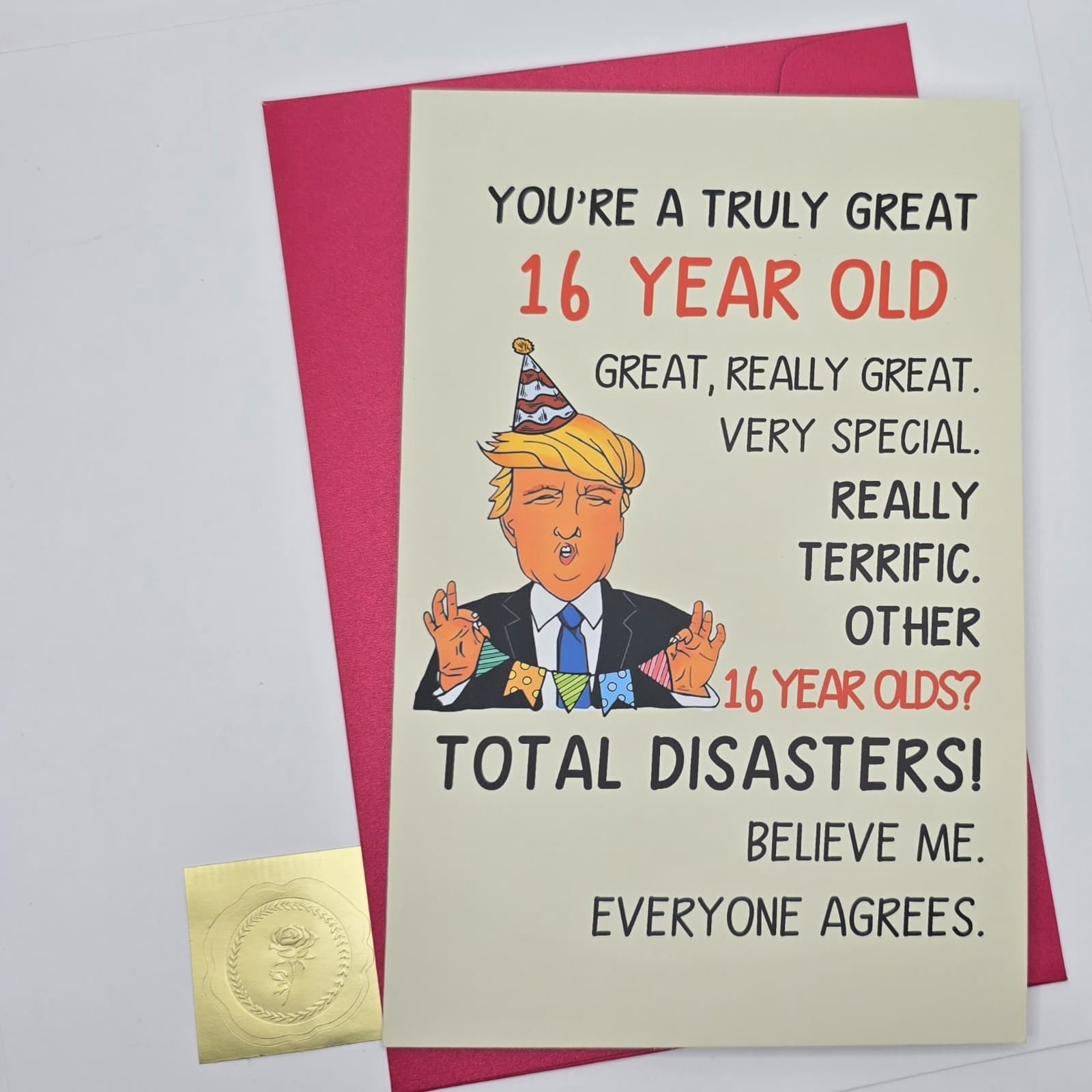 Funny Trump Greeting Card – Cartoon Design – Blank Inside – 16th Birthday - NEW! - Thumbnail 2