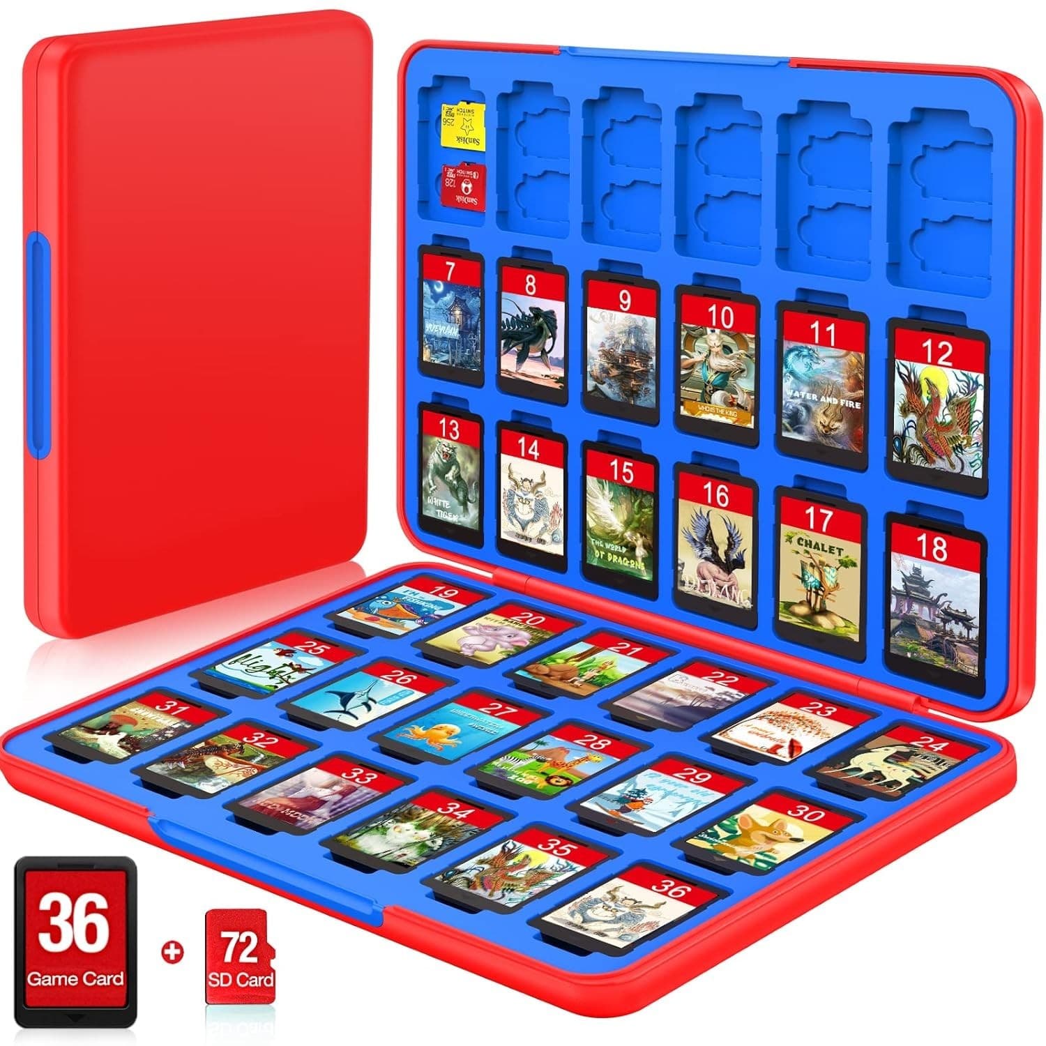 Switch/Switch 2 Game Card Case 36 Slots + 72 Micro SD Holder Red Blue