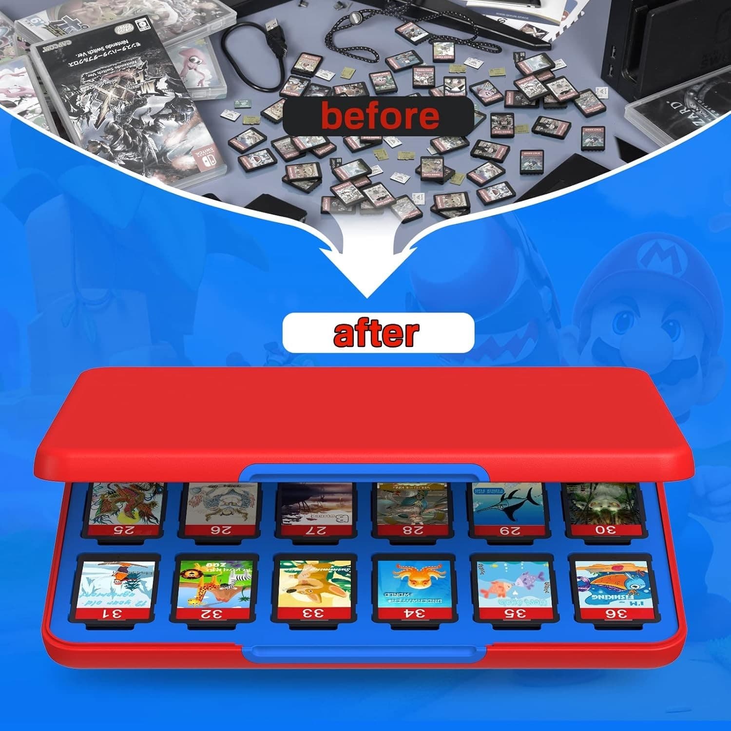 Switch/Switch 2 Game Card Case 36 Slots + 72 Micro SD Holder Red Blue - Thumbnail 5