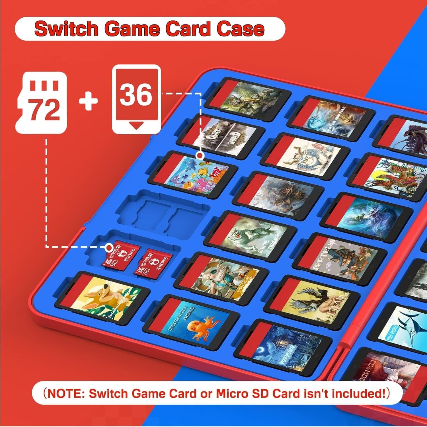 Switch/Switch 2 Game Card Case 36 Slots + 72 Micro SD Holder Red Blue - Thumbnail 6