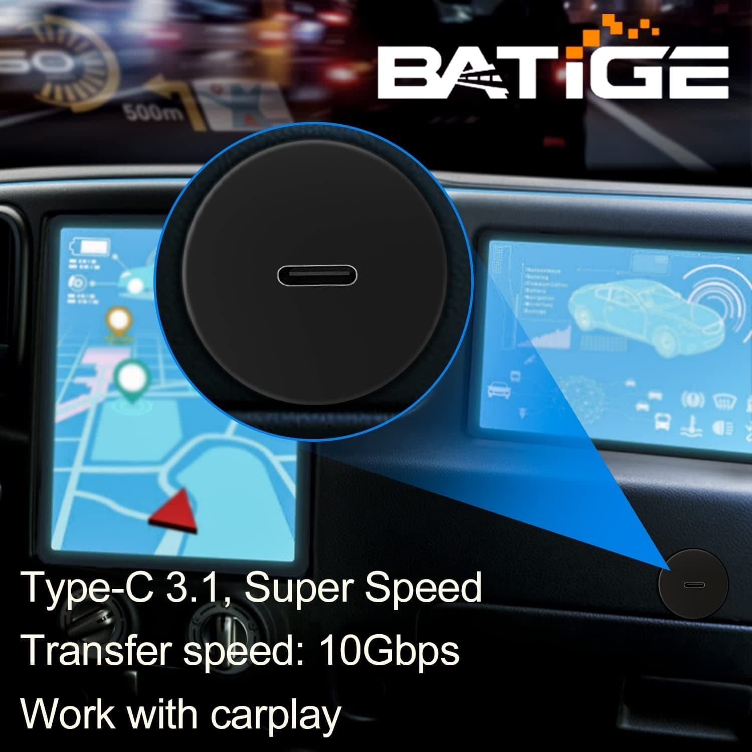 USB-C 3.1 Panel Mount Cable – BATIGE 3ft Extension – Car/Boat/Motorcycle/Truck - Thumbnail 3