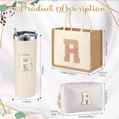 3-Pc Personalized Gift Set for Women | Initial R | Tote + Tumbler + Pouch - Thumbnail 5
