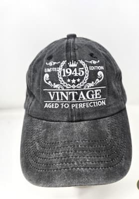 1945 Vintage Aged To Perfection Denim Hat Adj Baseball Cap with a Pulled Thread