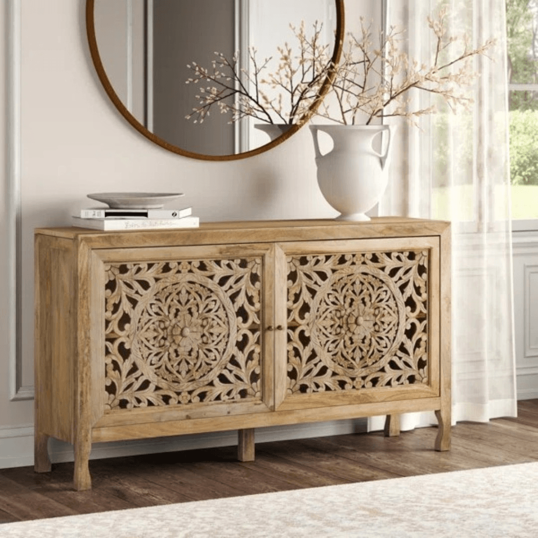 Kelly Clarkson Home Josiah 60" Solid Wood Carved Two Door Two Shelf Sideboard Cabinet - Image 1