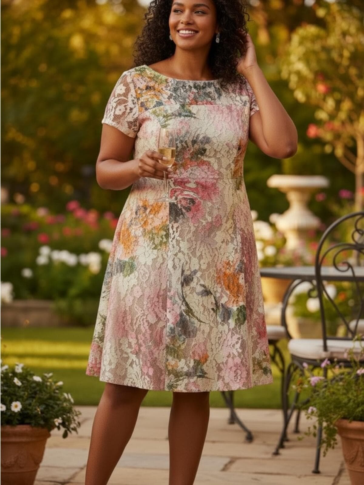 SLNY Floral Lace Midi Dress in Pink, Cream and Green - Image 1