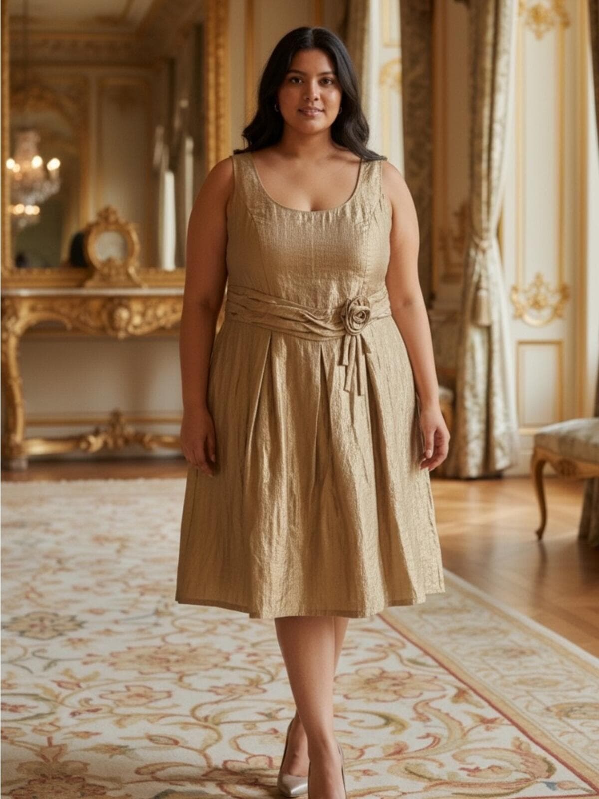 Women's Gold Textured Midi Dress with Rosette Waist - Image 1