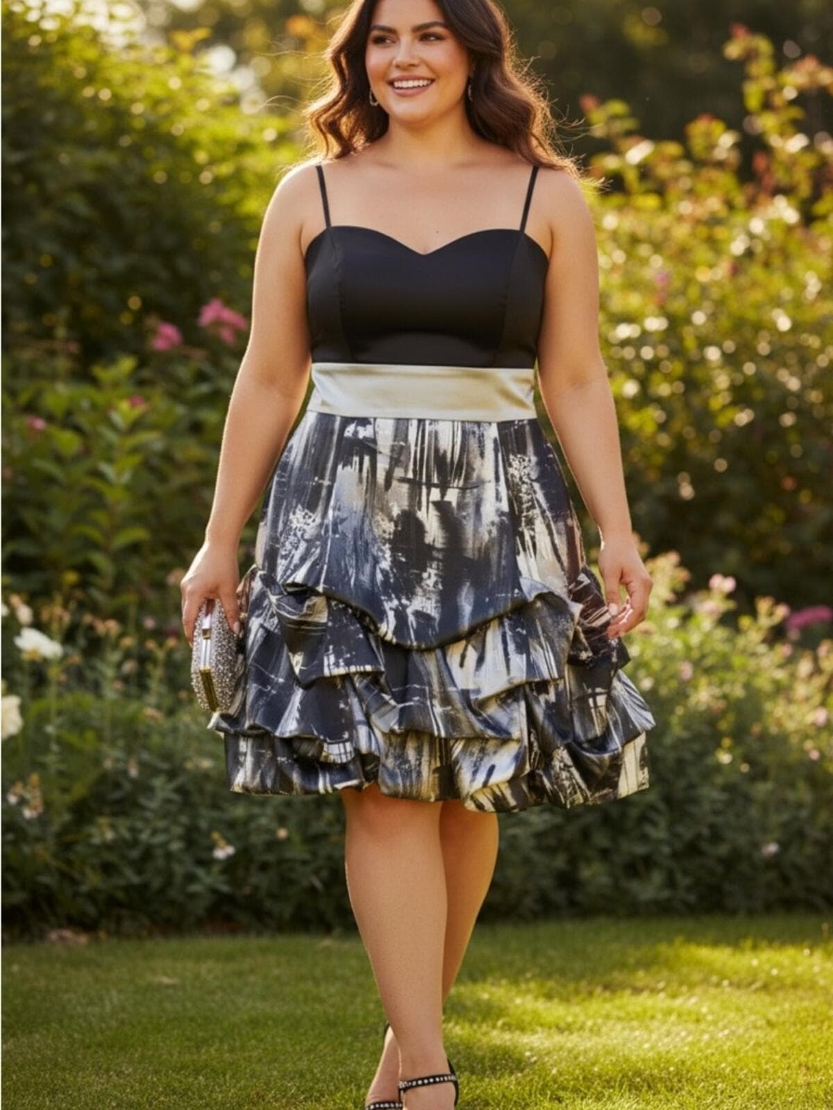 Ruby Rox Black Bodice Metallic Print Ruffle Skirt - Image 1