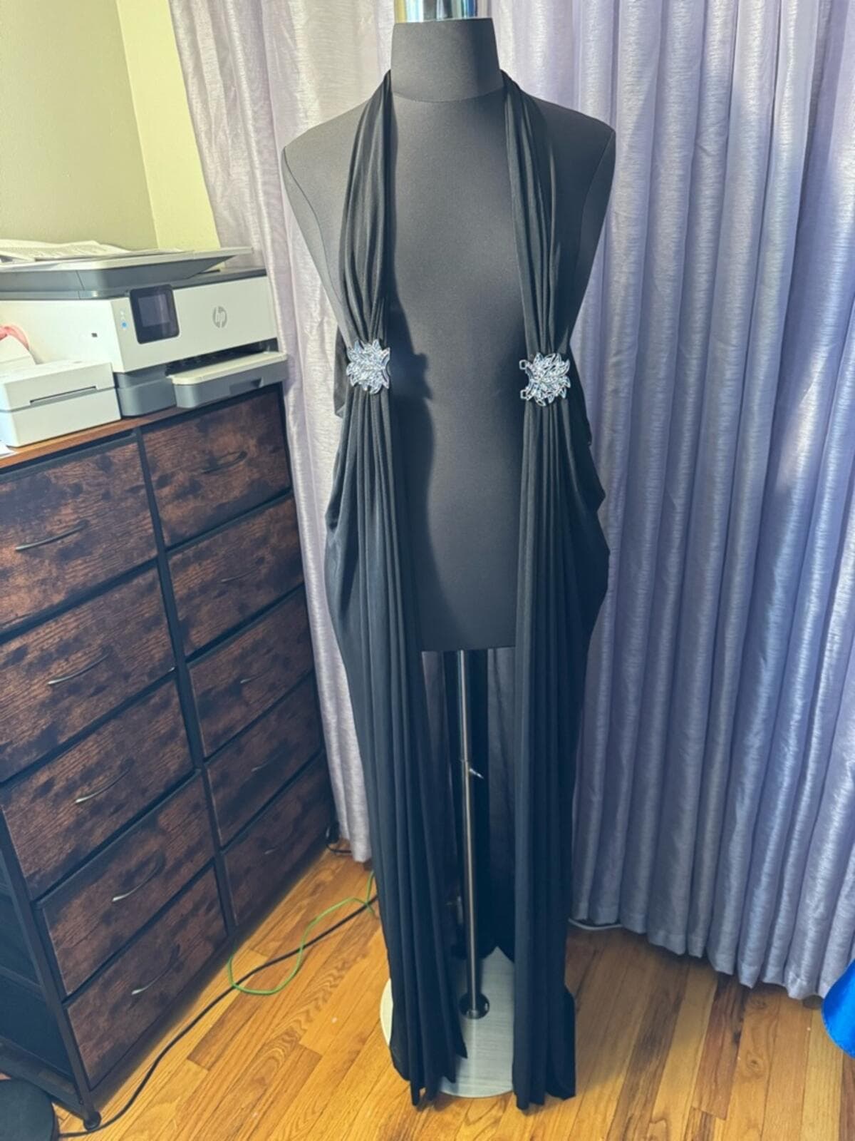 Black Draped Halter Accessory with Decorative Brooches - Image 1