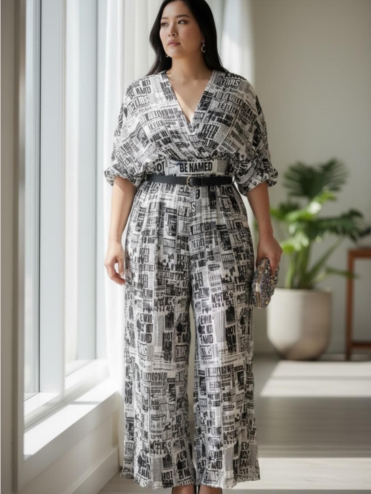 L'ATISTE Black & White Newspaper-Print Wide-Leg Jumpsuit - Image 1