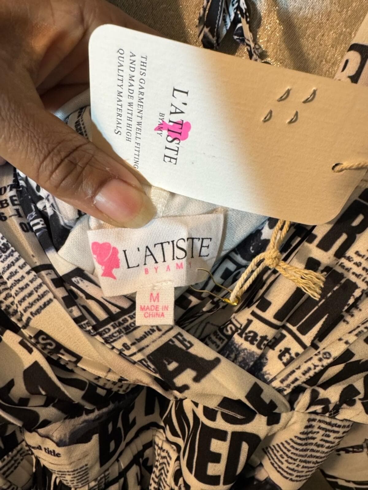 L'ATISTE Black & White Newspaper-Print Wide-Leg Jumpsuit - Thumbnail 5