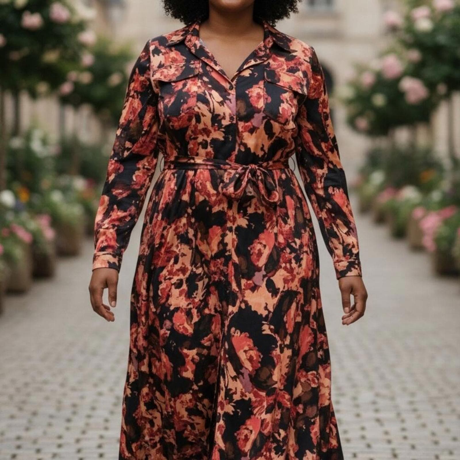 Nine West Red and Black Floral Long Sleeve Dress - Image 1