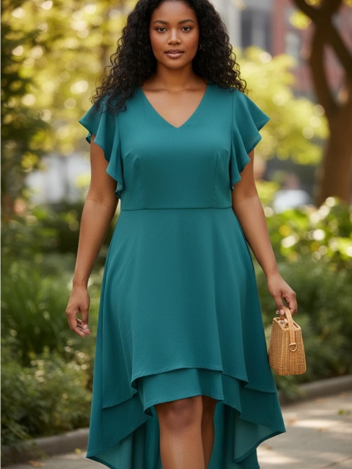 V-Neck Teal High-Low Dress with Flutter Sleeves - Image 1