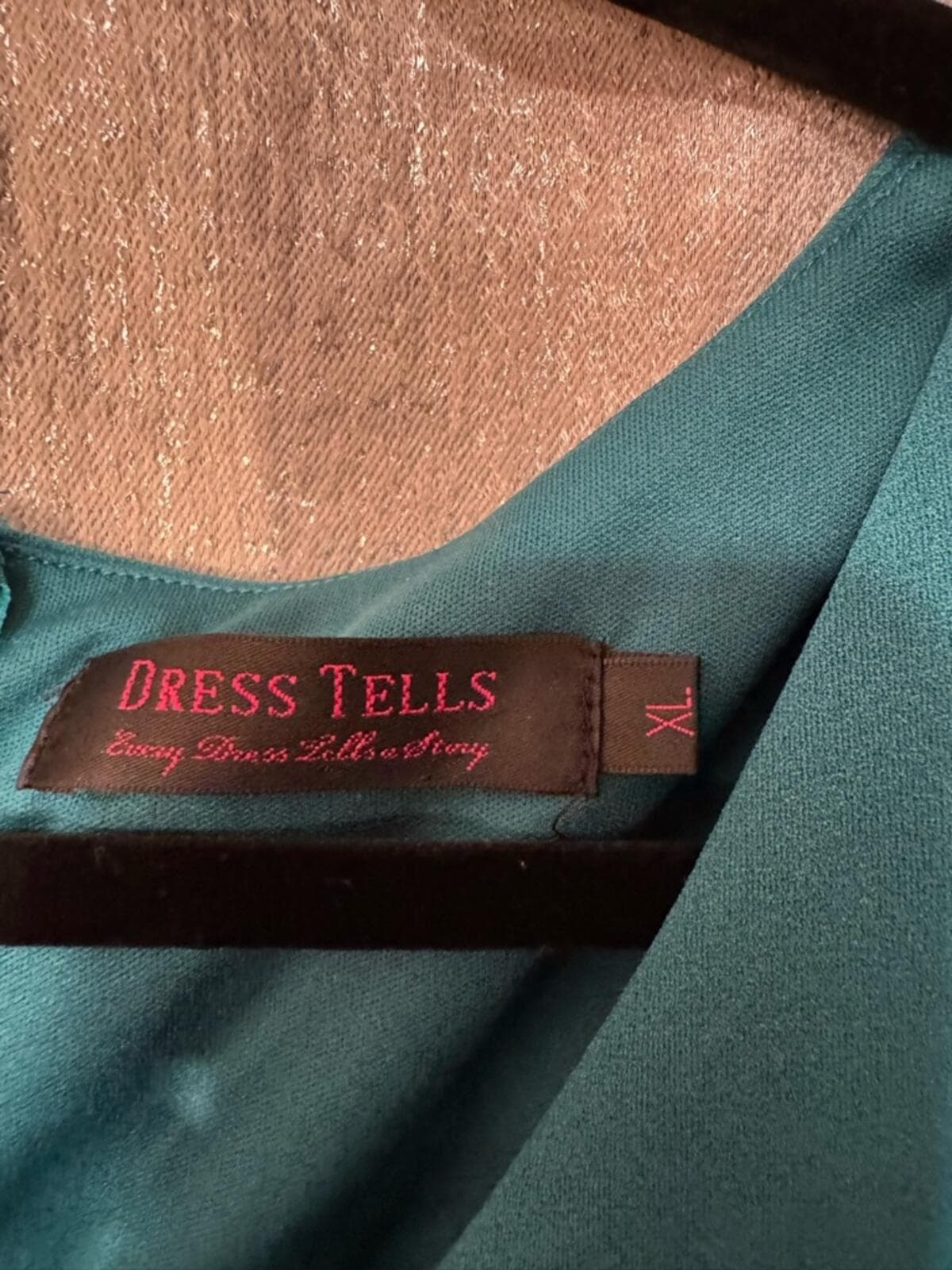 V-Neck Teal High-Low Dress with Flutter Sleeves - Thumbnail 3