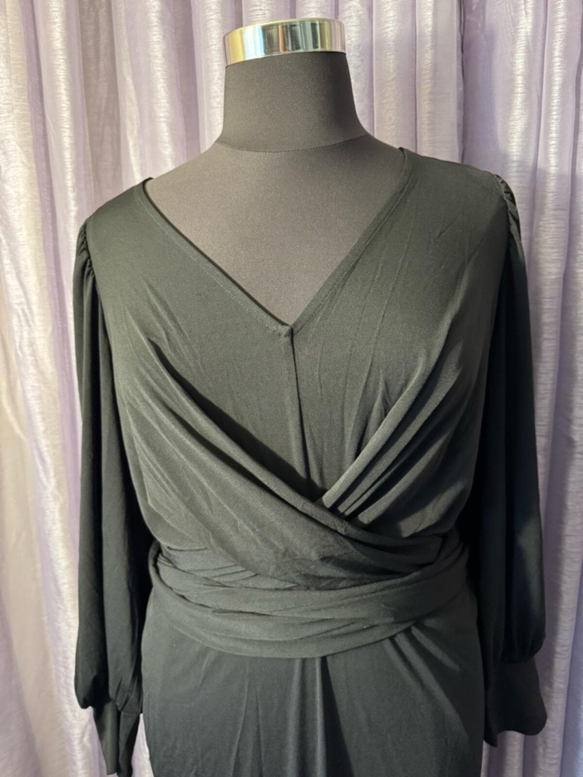 Eloquii Black Wrap V-Neck Long Sleeve Midi Dress - Thumbnail 3