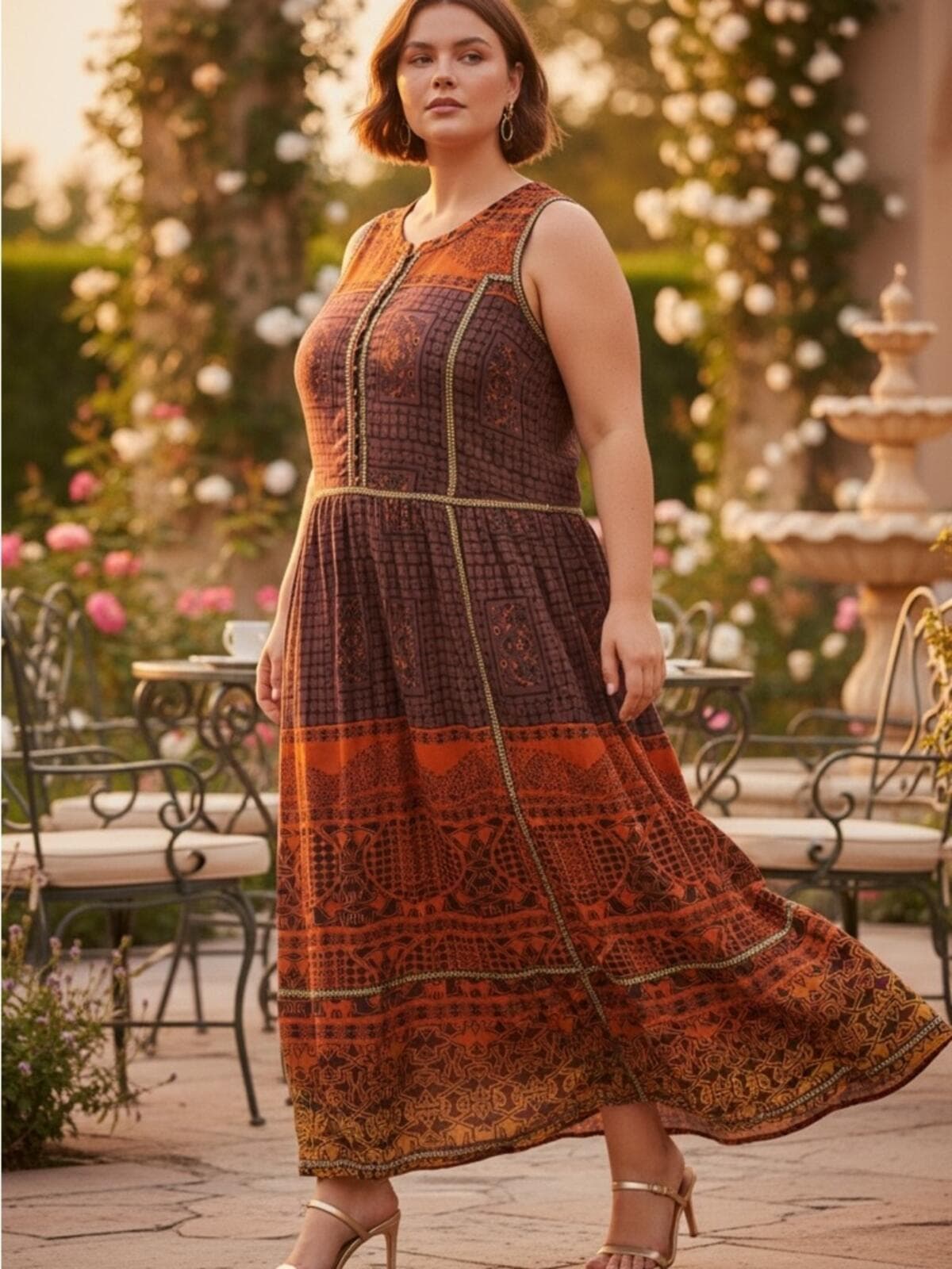 Jessica London Burnt Orange and Deep Brown Sleeveless Maxi Dress - Image 1