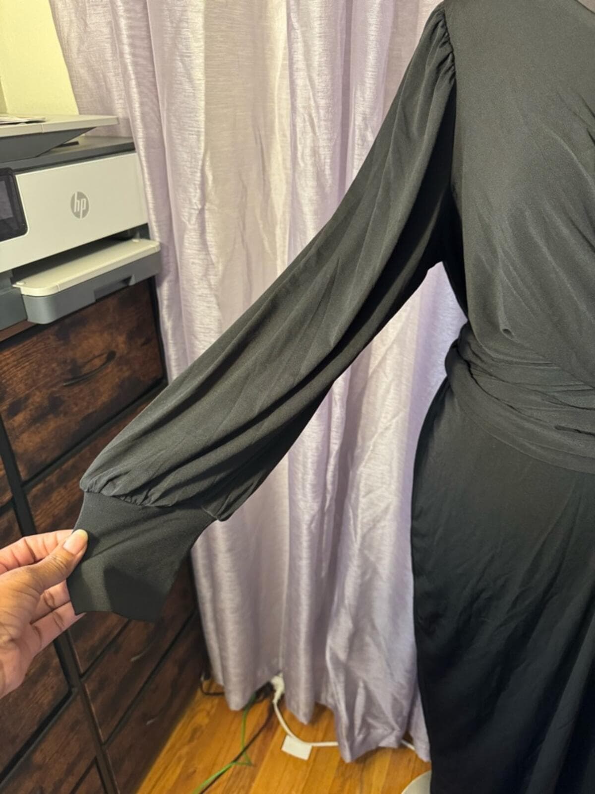 Eloquii Black Wrap V-Neck Long Sleeve Midi Dress - Thumbnail 4