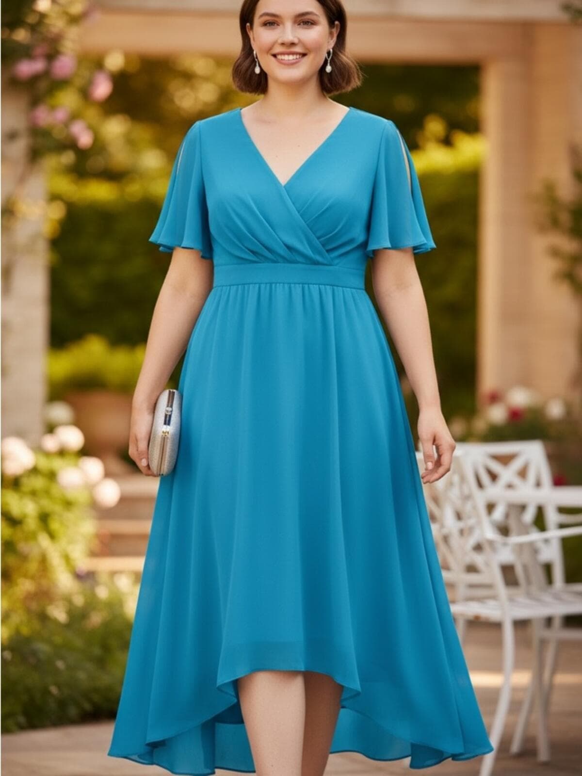 JJs House Teal V-Neck Flutter Sleeve High-Low Midi Dress - Image 1