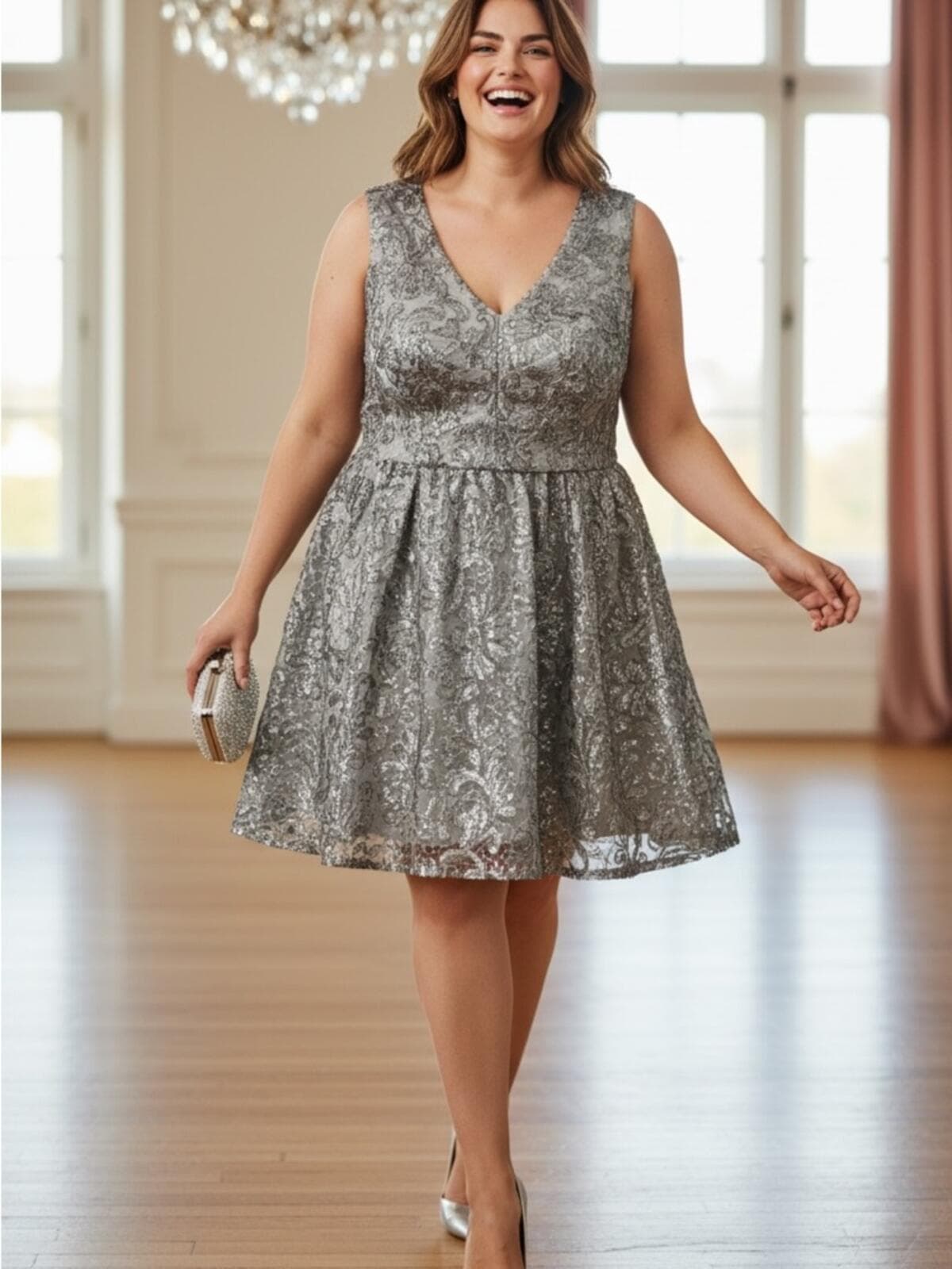 Sleeveless Silver Sequin V-Neck Mini Dress - Image 1