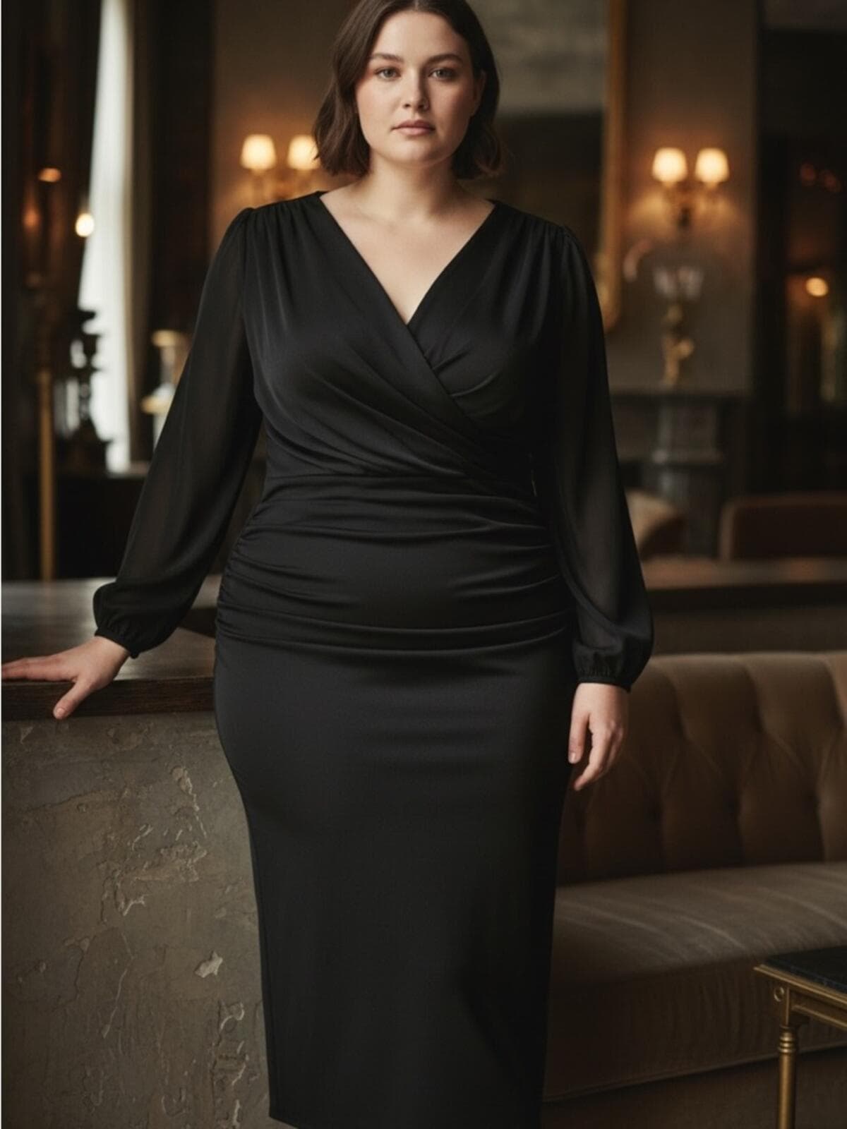 Eloquii Black Wrap V-Neck Long Sleeve Midi Dress - Image 1