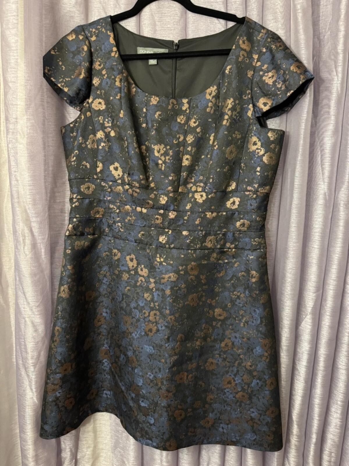 Donna Ricco Navy and Gold Floral Jacquard A-Line Midi Dress - Thumbnail 2