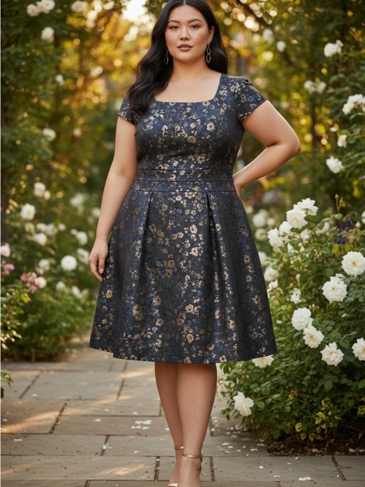 Donna Ricco Navy and Gold Floral Jacquard A-Line Midi Dress - Image 1
