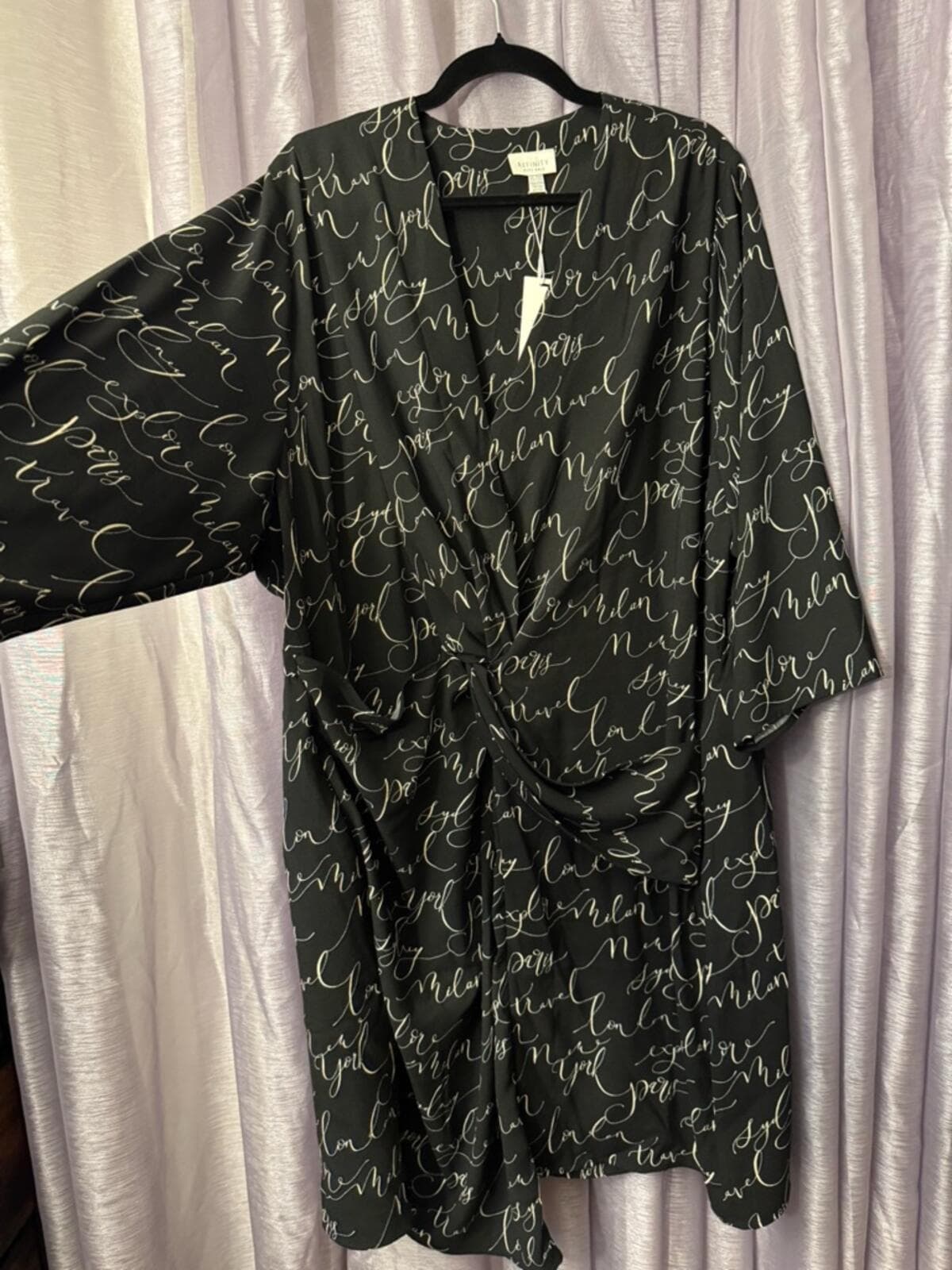 Finity Black Script Wrap Midi Dress with Subtle White Print - Thumbnail 6