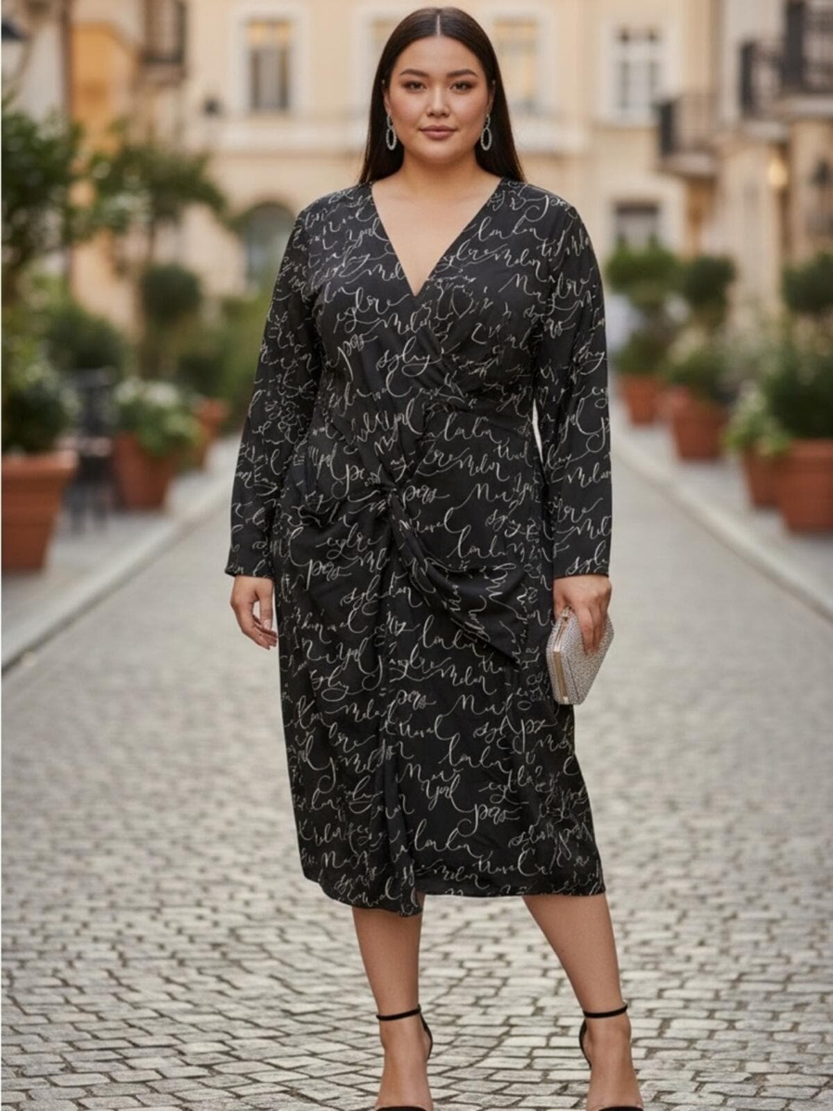 Finity Black Script Wrap Midi Dress with Subtle White Print - Image 1