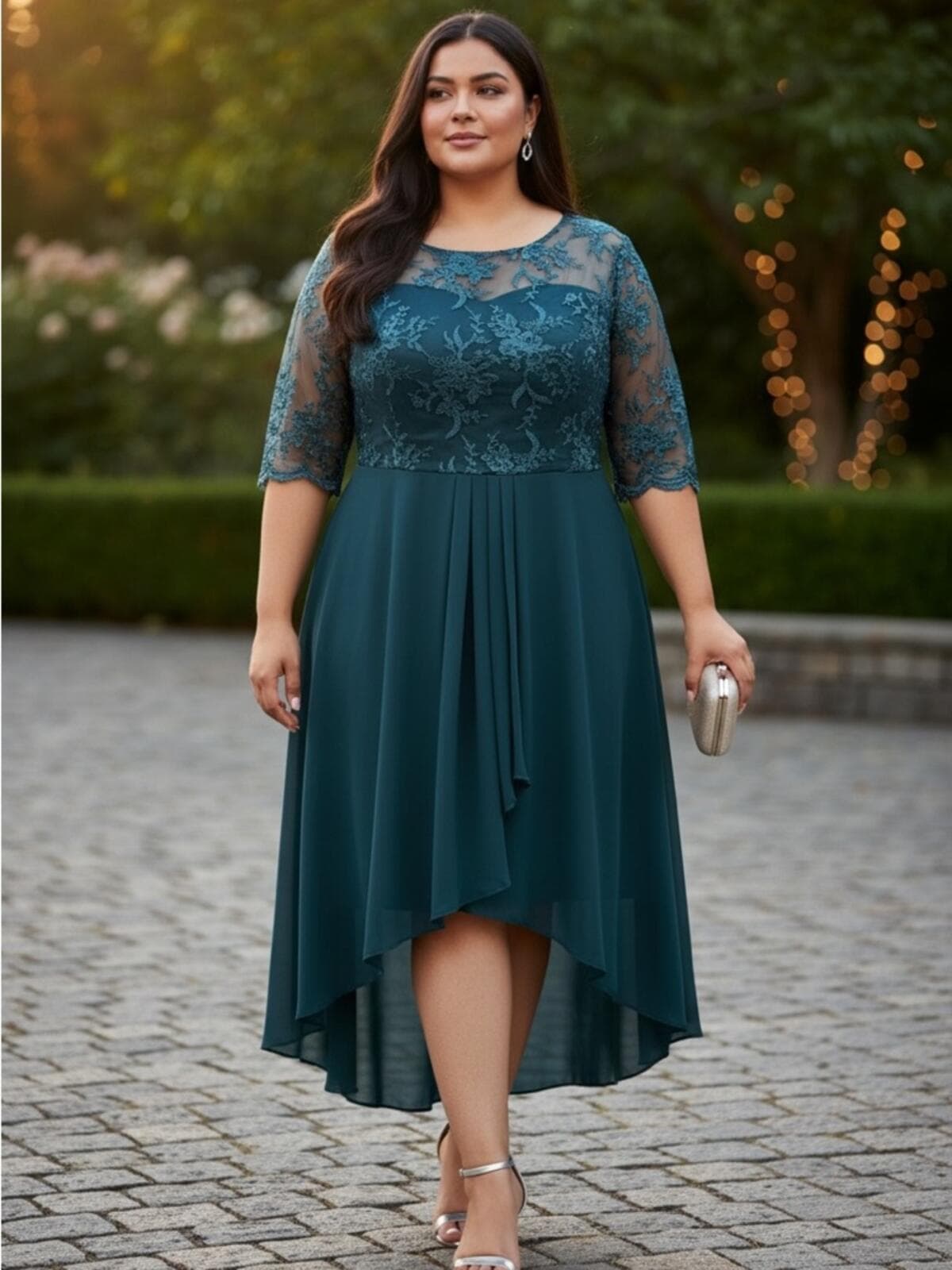 Plus-Size Teal Lace Bodice High-Low Dress with Sheer Sleeves - Image 1