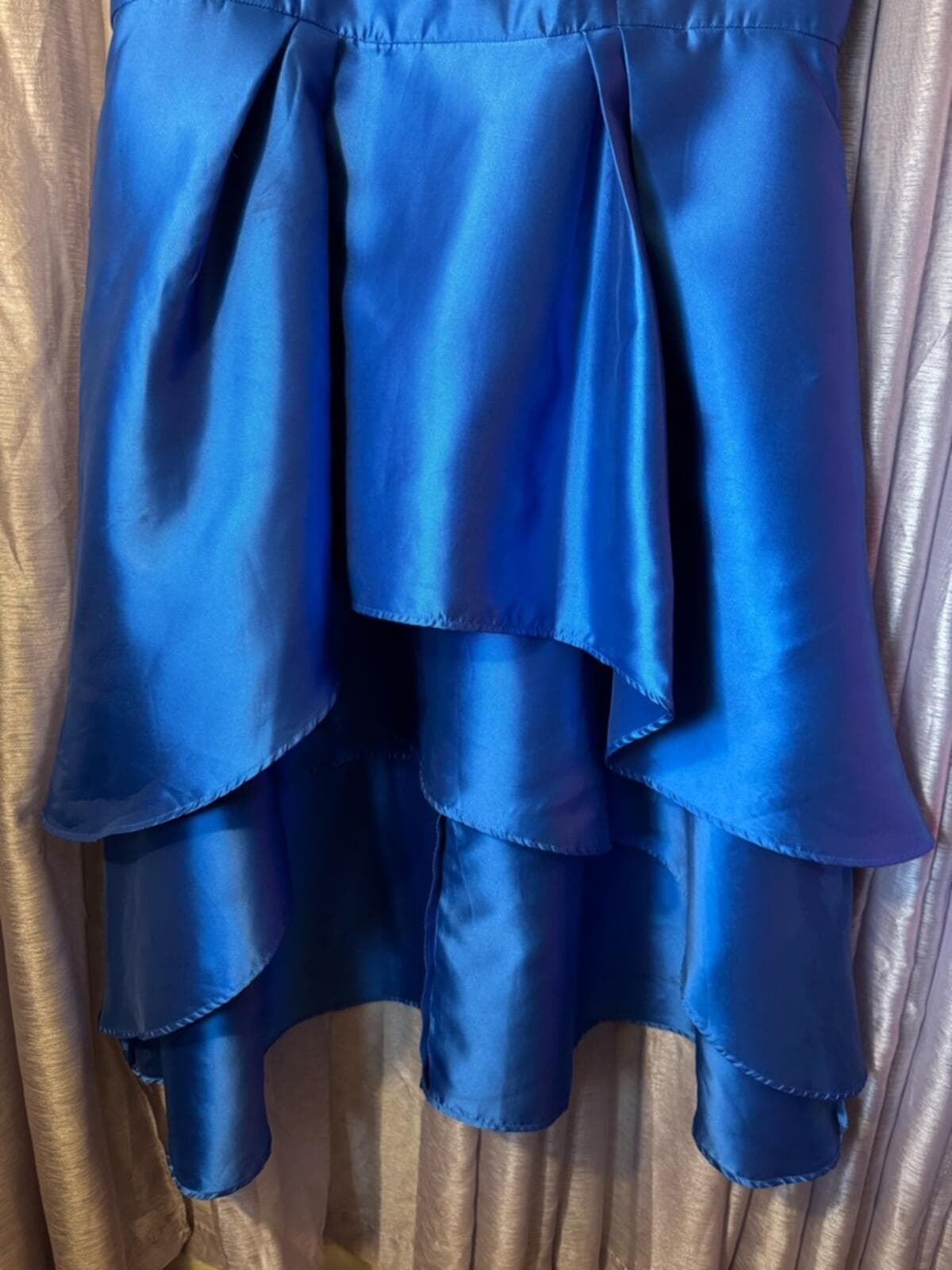 Blue High-Low Satin Dress with Cap Sleeves - Thumbnail 3