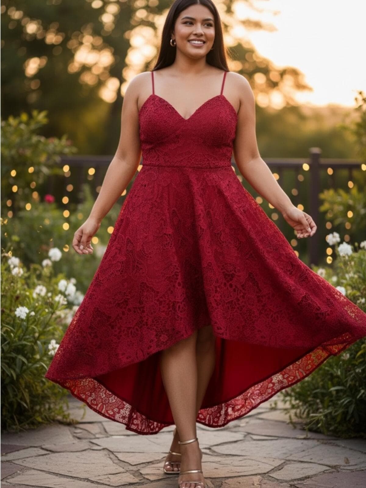 Lulu's Wine Red Lace High-Low Spaghetti Strap Dress - Image 1