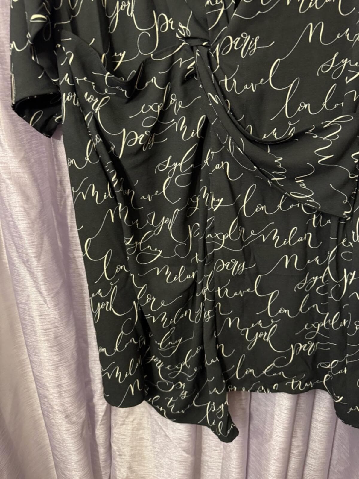 Finity Black Script Wrap Midi Dress with Subtle White Print - Thumbnail 5