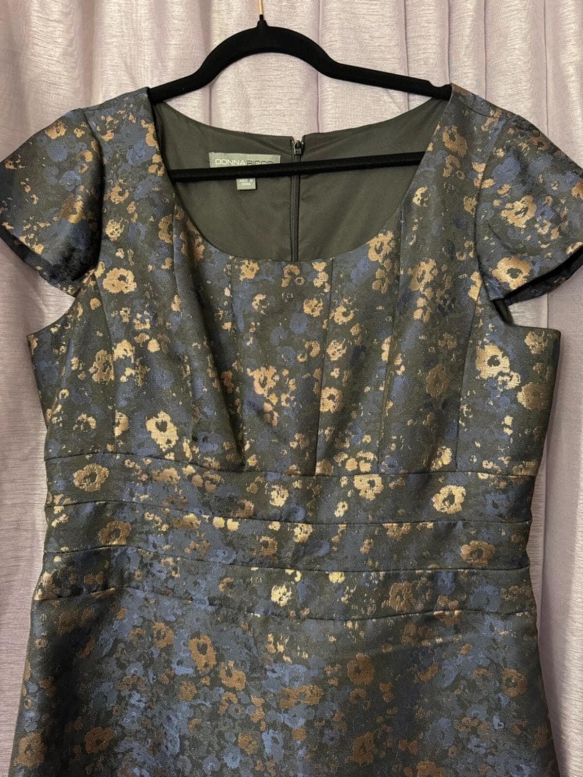 Donna Ricco Navy and Gold Floral Jacquard A-Line Midi Dress - Thumbnail 4