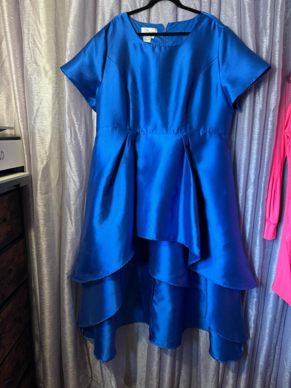 Blue High-Low Satin Dress with Cap Sleeves - Thumbnail 2