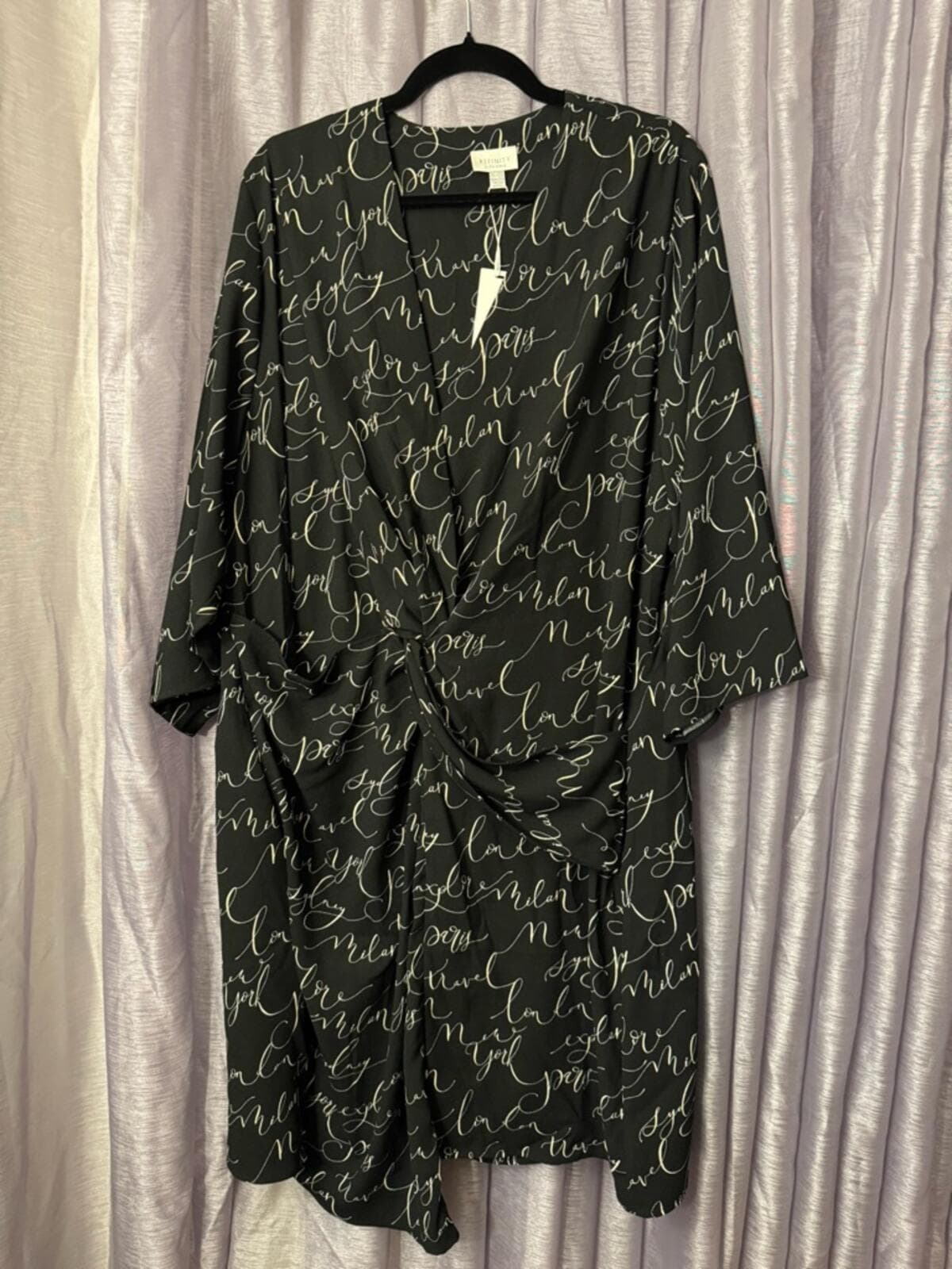 Finity Black Script Wrap Midi Dress with Subtle White Print - Thumbnail 2