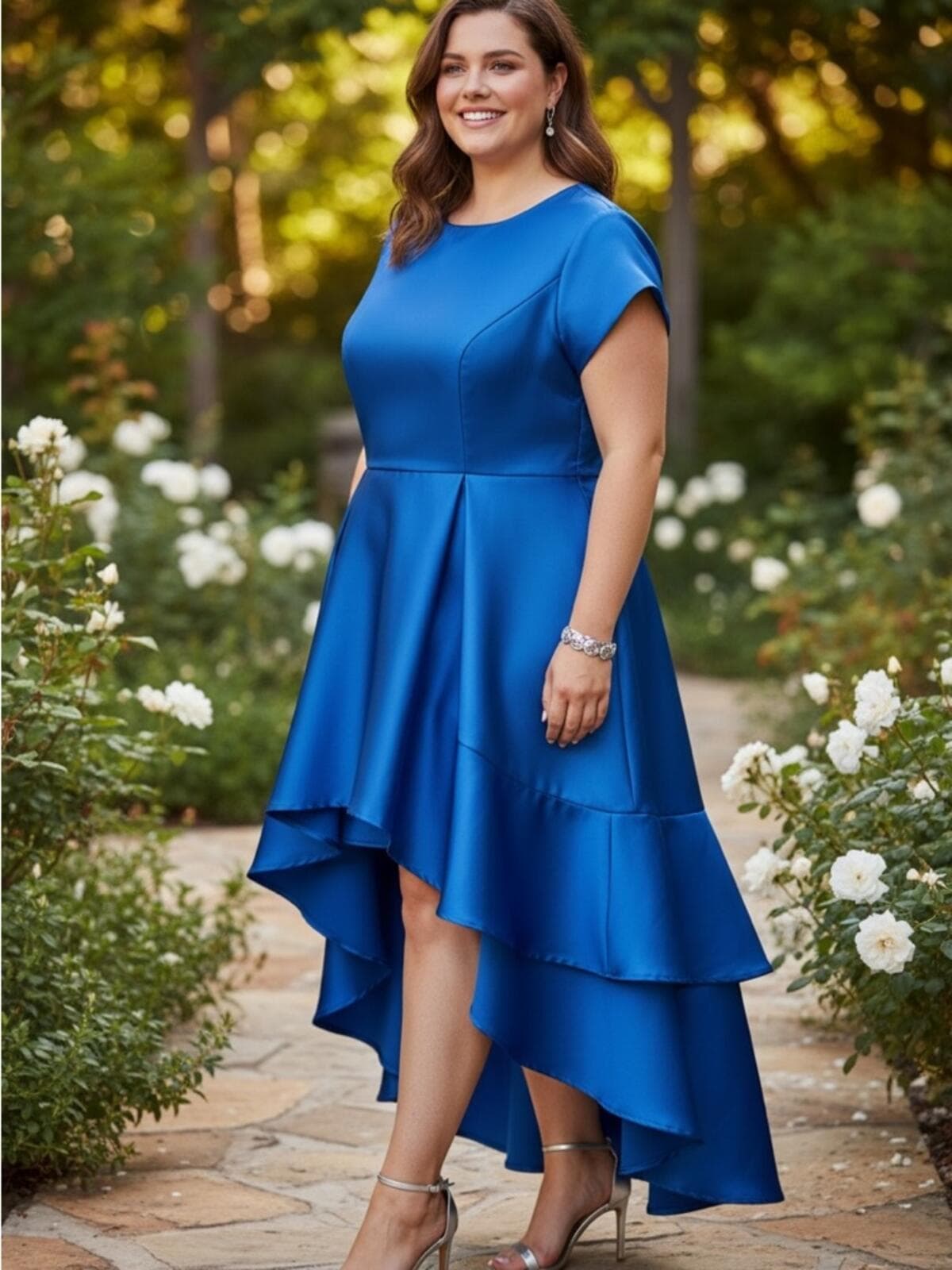 Blue High-Low Satin Dress with Cap Sleeves - Image 1