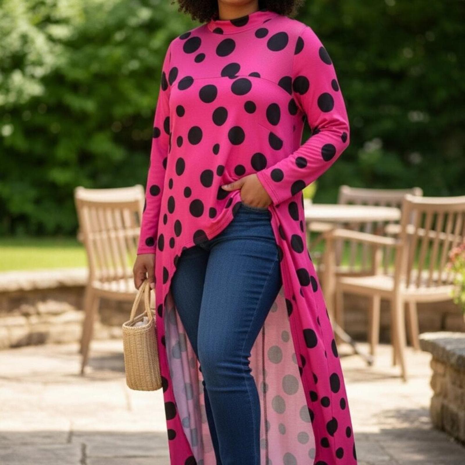 Ashley Stewart Vibrant Pink High-Low Shirt with Black Dots - Image 1