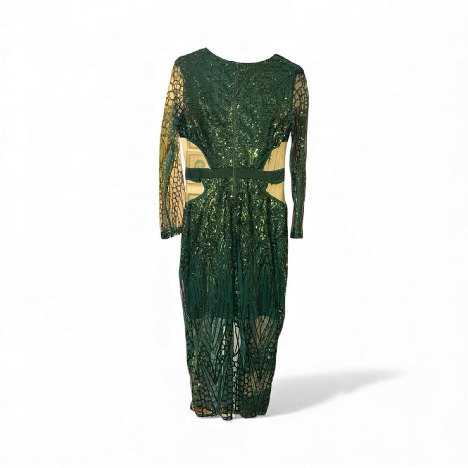 Elegant Green Sequin Long Sleeve Dress - Thumbnail 3